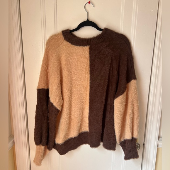 Fluffy Brown and Tan Colorblock Sweater - Picture 1 of 2